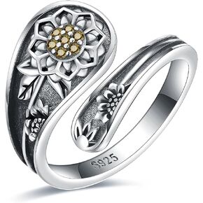 925-Sterling-Silver Adjustable Vintage-Spoon Ring for Women - Vintage Bee Opal Sunflower Hummingbird Cardinal Jewelry Birthday Valentine's Mother's Day Gifts for Mom Daughter Wife
