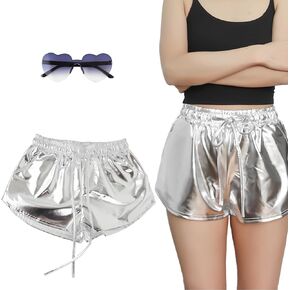 Gold Metallic Shorts for Women and Eyeglasses Elastic Shiny Bottom Pants for Dance Festival Party Costume Outfit
