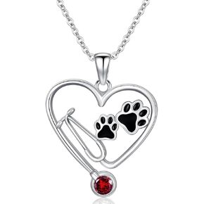 Birthstone Veterinary Stethoscope Necklace 925 Sterling Silver Nurse Vet Pendant with Dog Paw Nurse Jewelry Gifts for Veterinarian Nurse Women Veterinarian Gifts