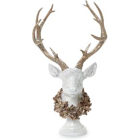 Two's Company Stylized Deer with Wreath Decor with Glitter Finish and Gold Accents, Resin, 21.5-inches Height, 82453