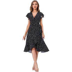SweatyRocks Women's Polka Dots Short Sleeve V Neck Wrap Dress Tie Side Ruffle Midi Dresses