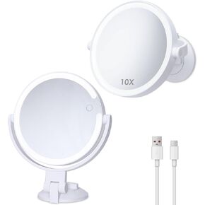 1X 10X Magnifying Mirror with Lights, Rechargeable 2 Sided Lighted Magnification Makeup Mirror, 3 Color Settings Desk Vanity Mirror, 360° Swivel Locking Suction Mount Bathroom Shaving Mirror
