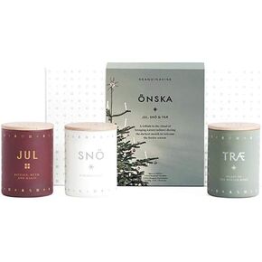 Skandinavisk - ÖNSKA Giftset of 3 Mini Scented Candles. JUL 'Christmas', SNÖ 'Snow', and TRÆ 'Tree'. Vegan Formula. 3 x 60g.