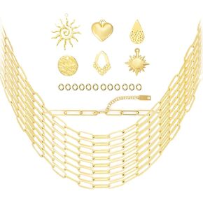 HUISUYTON 10PCS 18inch Gold Paperclip Charm Necklace for Women with 37PCS Charm 45PCS O-Rings for Jewelry Making Stainless Steel Filled 18K Gold Plated Adjustable Link Chain Necklaces