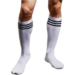 Mens Three Stripes Mid Tube Socks Japanese Sexy Black White Striped Long Jk Mens Knee Thigh High Stockings