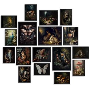 KBKBART Dark Cottagecore Room Decor Aesthetic Set of 17, Cottage Core Wall Decor, Dark Academia Cottagecore Decor Woodland Forest Nature Wall Art Prints, Vintage Mushroom Decor Poster Animal Pictures for Bedroom Dorm Wall Decor- UNFRAMED