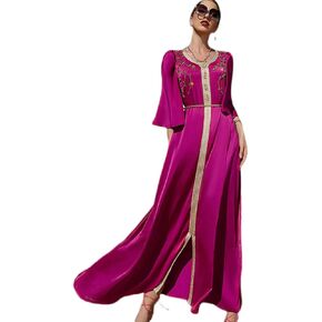 IDOPIP Embroidery Abayas for Women Muslim Moroccan Floral Maxi Kaftan Dress Arabic Islamic Dubai Robe Ramadan Prayer Clothes