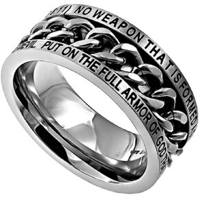 Christian Brushed Stainless Steel Men's Ring with High Polished Stainless Steel Spinning Chain Center and Comfort Fit Band "No Weapon" Armor Of God Isaiah 54:17 and Ephesians 6:11