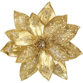 Briful 13.7'' Extra Large Magnolia Christmas Flowers Oversized Magnolia Artificial Flowers for Tree Decorations 3Pcs Faux Magnolia Christmas Stems with Glitter, Pearl Ornaments for Xmas Wreath,Gold
