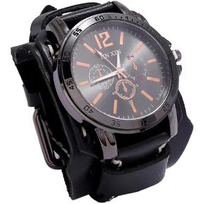 MINILUJIA Handmade Sewn with Wax Rope Men Watches Vintage Punk Hiphop Gothic Wide Leather Fashion Cuff Round Quartz Wristwatch Big Dial Black Brown
