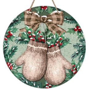 Deroro Winter Mitten Green Front Door Sign, Red Holly Berries Plaid Bow Farmhouse Wood Door Hanger Outdoor Outside Porch Decor, Christmas Holiday Wooden Wreath Indoor Wall Hanging Decoration