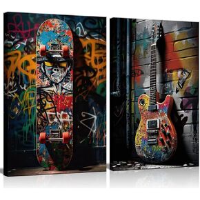 2pcs Framed Street Graffiti Canvas Wall Art Hip Hop Pop Banksy Pictures Posters Paintings Prints Teen Boys Room Wall Decor Modern Cool Skateboard Guitar Artwork for Man Cave Living Room 16x24inx2