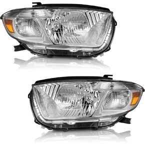 Headlights for 2008-2010 Highlander Headlight Assemblies Compatible with 08-10 Highlander Chrome Housing Amber Reflector Left+Right Side