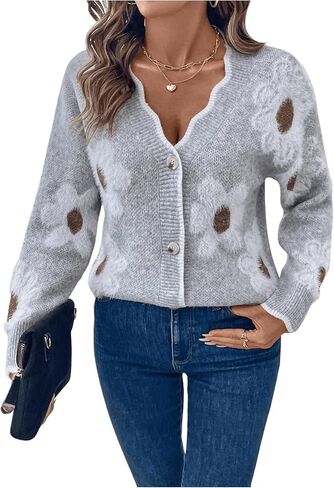 Milumia Women's Floral Button Up Scalloped V Neck Long Sleeve Sweater Cardigan in Saudi Arabia