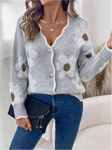 Milumia Women's Floral Button Up Scalloped V Neck Long Sleeve Sweater Cardigan in Saudi Arabia