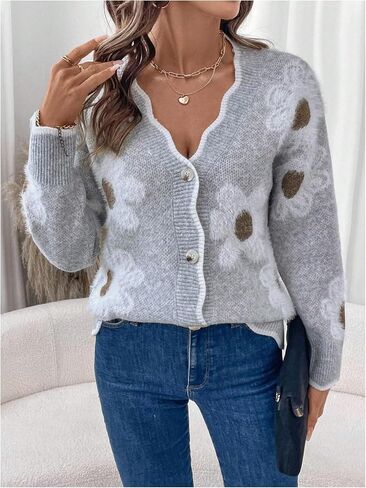 Milumia Women's Floral Button Up Scalloped V Neck Long Sleeve Sweater Cardigan in Saudi Arabia