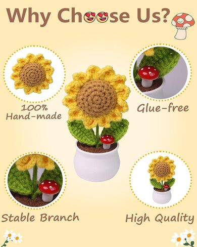 Crochet Flowers,Crochet Sunflower,Gifts for Birthday/Anniversary/Valentine's Day/Xmas,Crocheted Flowers for Car Decor,Office Desk Decor. in Saudi Arabia