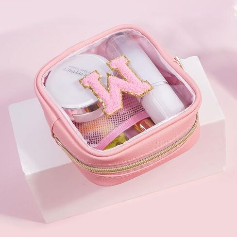 Clear Makeup Bag Transparent Cosmetic Bag Organizer for Women Waterproof Travel Toiletry Bag Portable Make up Bag with Chenille Letter, Large, Beige in Saudi Arabia