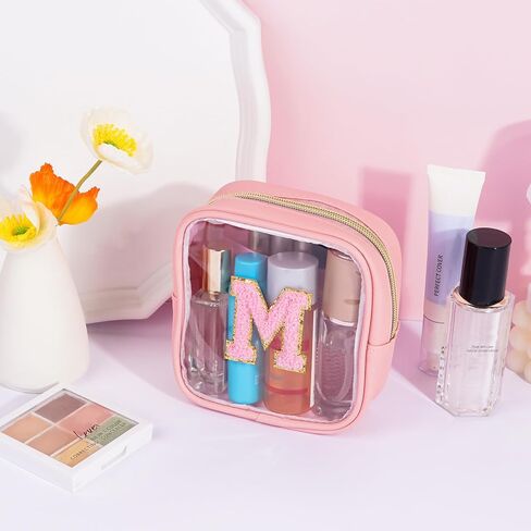 Clear Makeup Bag Transparent Cosmetic Bag Organizer for Women Waterproof Travel Toiletry Bag Portable Make up Bag with Chenille Letter, Large, Beige in Saudi Arabia