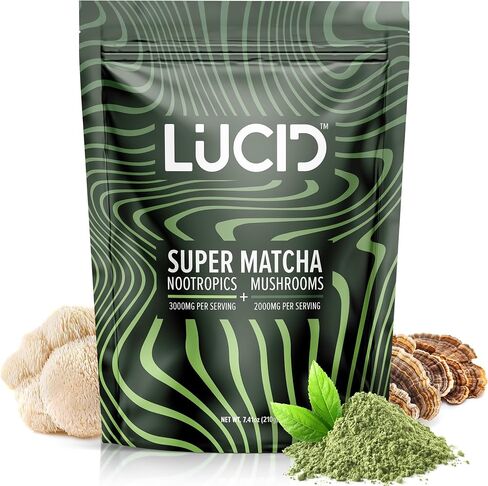 Lucid Superfood Organic Mushroom Chai with Nootropics - Lion's Mane, Tremella, Cordyceps & Turkey Tail - Instant Mushroom Chai Focus Brain Health - Alpha GPC, L-Theanine, Ginko Biloba - USA Made in Kuwait