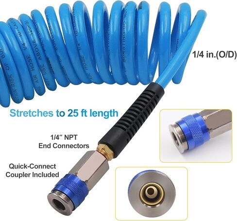 50FT Polyurethane Recoil Air Hose 1/4" Inner Diameter Heavy Duty Air Compressor Hose with Bend Restrictor and 1/4" Industrial Universal Quick Coupler and I/M/T/A Plug, Yellow in Saudi Arabia