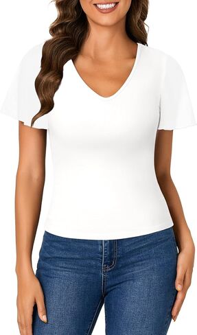 Rooscier Womens V Neck Mesh Short Sleeve Shirts Dressy Casual Tight Fitted Blouses Top in Kuwait