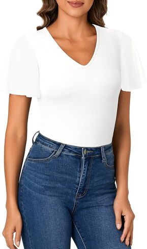 Rooscier Womens V Neck Mesh Short Sleeve Shirts Dressy Casual Tight Fitted Blouses Top in Kuwait