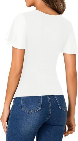 Rooscier Womens V Neck Mesh Short Sleeve Shirts Dressy Casual Tight Fitted Blouses Top in Kuwait