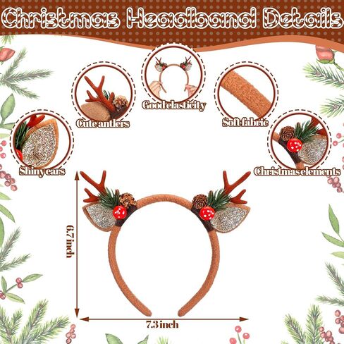 Crowye 6 Pcs Christmas Reindeer Antlers Headband Xmas Glitter Elk Antlers Headband for Hair Accessories in Kuwait