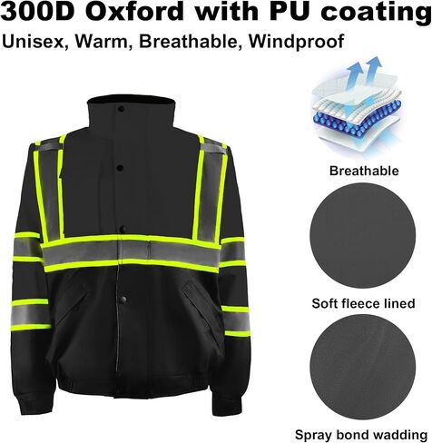 Safety Bomber Jackets for Men, High Visibility Reflective Jacket Fleece Liner Jacket with Pockets,Winter ANSI/ISEA in Saudi Arabia