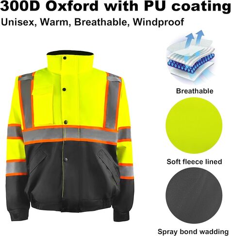 Safety Bomber Jackets for Men, High Visibility Reflective Jacket Fleece Liner Jacket with Pockets,Winter ANSI/ISEA in Saudi Arabia