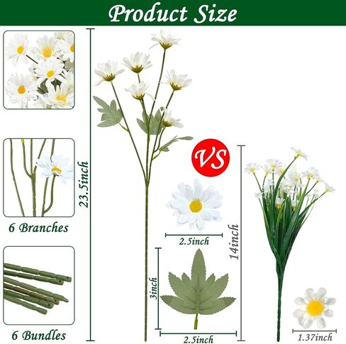 TURNMEON 36Pcs Daisy Artificial Flowers for Outdoor, 23.5'' Long Stem 6 Bundles Fake Flowers UV Resistant Artificial Fake Plants Plastic Faux Greenery Shrub for Home Indoor Summer Decor(White) in Saudi Arabia