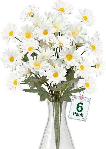 TURNMEON 36Pcs Daisy Artificial Flowers for Outdoor, 23.5'' Long Stem 6 Bundles Fake Flowers UV Resistant Artificial Fake Plants Plastic Faux Greenery Shrub for Home Indoor Summer Decor(White) in Saudi Arabia