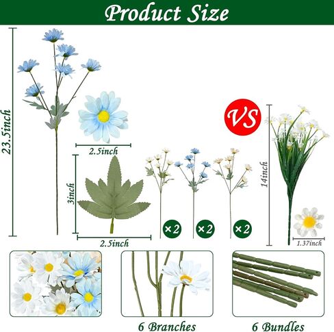 TURNMEON 36Pcs Daisy Artificial Flowers for Outdoor, 23.5'' Long Stem 6 Bundles Fake Flowers UV Resistant Artificial Fake Plants Plastic Faux Greenery Shrub for Home Indoor Summer Decor(White) in Saudi Arabia