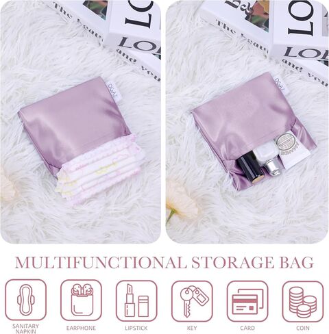 DGAZ Silk Sanitary Napkin Storage Bag, Period Bag for Teen Aged Girls, Portable Period Bag for Panty Liners/Menstrual Cup/Small Tampons，Mini Makeup Bag for Purse(Lavender) in Kuwait
