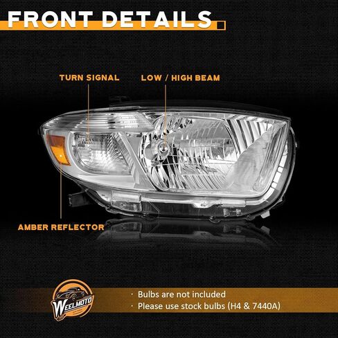 Headlights for 2008-2010 Highlander Headlight Assemblies Compatible with 08-10 Highlander Chrome Housing Amber Reflector Left+Right Side in Kuwait