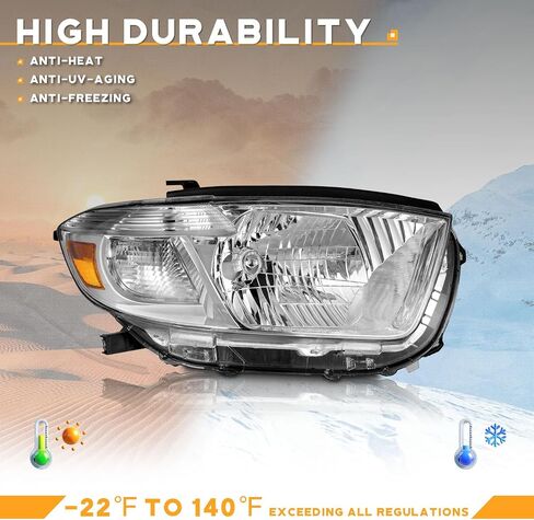 Headlights for 2008-2010 Highlander Headlight Assemblies Compatible with 08-10 Highlander Chrome Housing Amber Reflector Left+Right Side in Kuwait