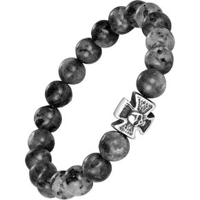 Bold Men’s Bracelet – Black Beads with Silver Color Death’s Skull and Cross Charm – Made of Black Marble & Polished Stainless Steel – Jewelry Gift or Accessory for Men