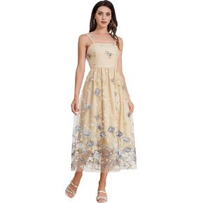 Spaghetti Straps Floral Embroidered Dress for Women Formal Flower Wedding Guest Dress Long Tulle Prom Cocktail Party Dress