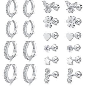 D.Bella Surgical Steel Earrings for Sensitive Ears Hypoallergenic 20G Tragus eEarrings Stud Hoop Earrings for Women Men Flat Back Earrings Cartilage Earrings Hoop Stud
