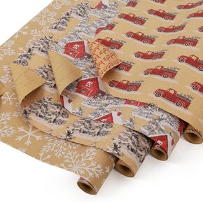 BIOBROWN Christmas Wrapping Paper Roll Set - 17" x10' Per Roll (4 Rolls, 56.6 sq.ft. ttl.) - Snowflake and Truck Design Wrapping Paper with Ribbons and Tags for Holiday Xmas