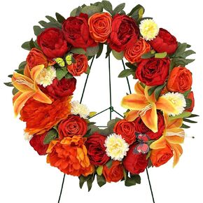 Fall Cemetery Wreaths with Stand Decorations for Grave, 24 Inch Rose Peony Lily Wreath for Gravesite Autumn Wreaths,30 Inch High Easel