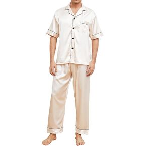 Men's Silk Pajama Set Short Sleeve Classic Sleepwear Button Down Loungewear Set with Long Pants Pijamas Para Hombres