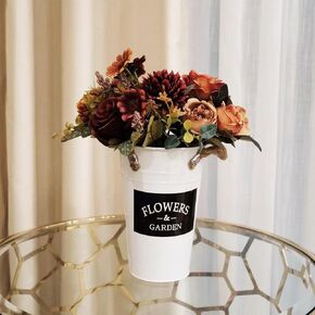 Faux Flowers with Vase Artificial Silk Roses in Vase Fake Plant Eucalyptus Flower Arrangement for Home Office Farmhouse Bathroom Dining Table Centerpiece Decorations (Purple&Pink(Beige Vase)