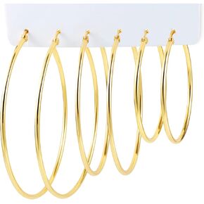 Large Gold Hoop Earrings Set 3 Pairs Sterling Silver Post Hypoallergenic Lightweight Large thin Hoop Earrings Multiple Pack (50/60/70 mm)
