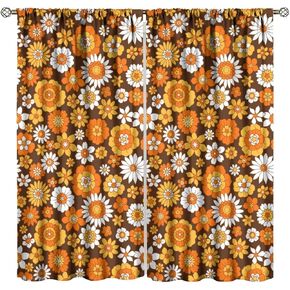 Retro 70s Groovy Curtains 1960s Hippie Floral White Orange Boho Modern Art Window Drapes for Kitchen Bedroom Home Decor Window Drapes 42" W X 45" L
