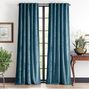 Martha Stewart Velvet Curtains Light Filtering Wave Embossed Lined Rod Pocket/Back Tab Window Curtain Panel Pair, 84", Blue