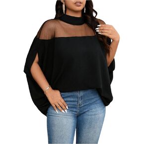Verdusa Women's Plus Size Mock Neck Sheer Mesh Blouse Dolman Short Sleeve Tunic Shirts