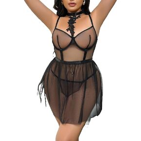 SOLY HUX Women's Plus Size Lingerie Lace Mesh Babydoll Sleepwear Underwire Chemise Nightgown Nightwear