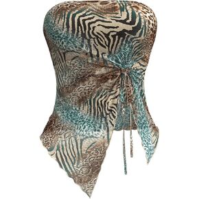 Women's Y2K Leopard Print Tube Top Cheetah Bandeau Top Mesh Sheer Crop Top Backless Strapless Drawstring Tie Tube Top